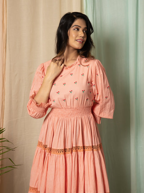 AAHELI RADIANT MEADOWS PEACH COTTON KANTHA TIERED DRESS AAHELI RADIANT MEADOWS PEACH COTTON KANTHA TIERED DRESS